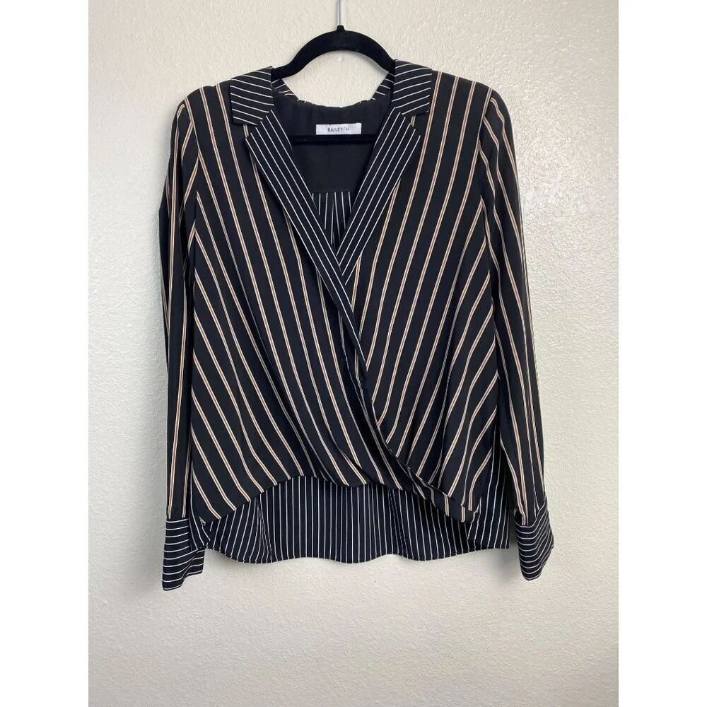 Bailey 44 Airy Faux Wrap Long Sleeve Blouse Top Womens size Medium Stripes Black